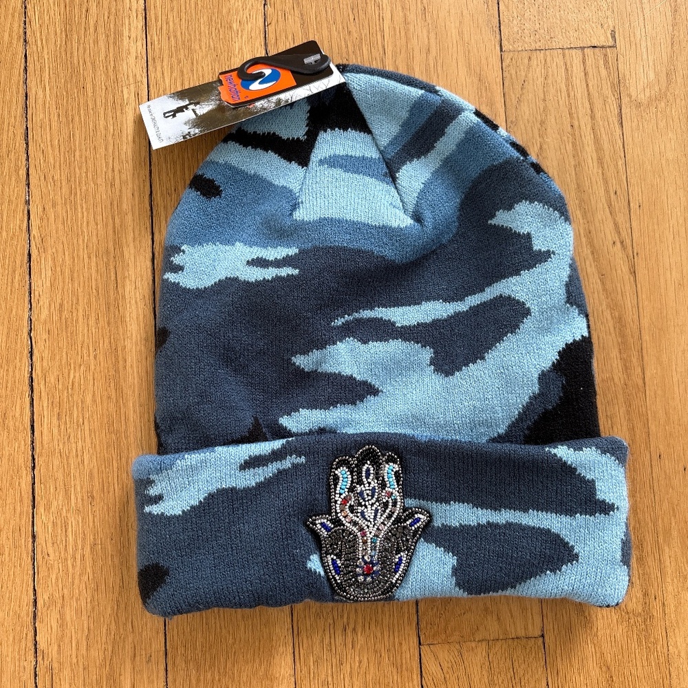 Newhattan Beaded Hamsa Navy Camo Beanie Knit Hat NWT